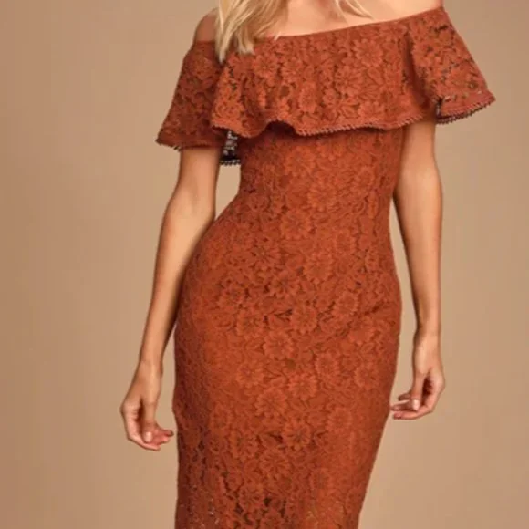 Lulus | Dresses | Lulus Lanie Rust Orange Lace Offtheshoulder Bodycon Midi  Dress Xs | Poshmark